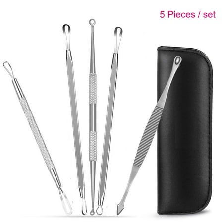 5pcs Stainless Blackhead Acne Pimple Blemish Extractor Remover Tool Kit with Leather
