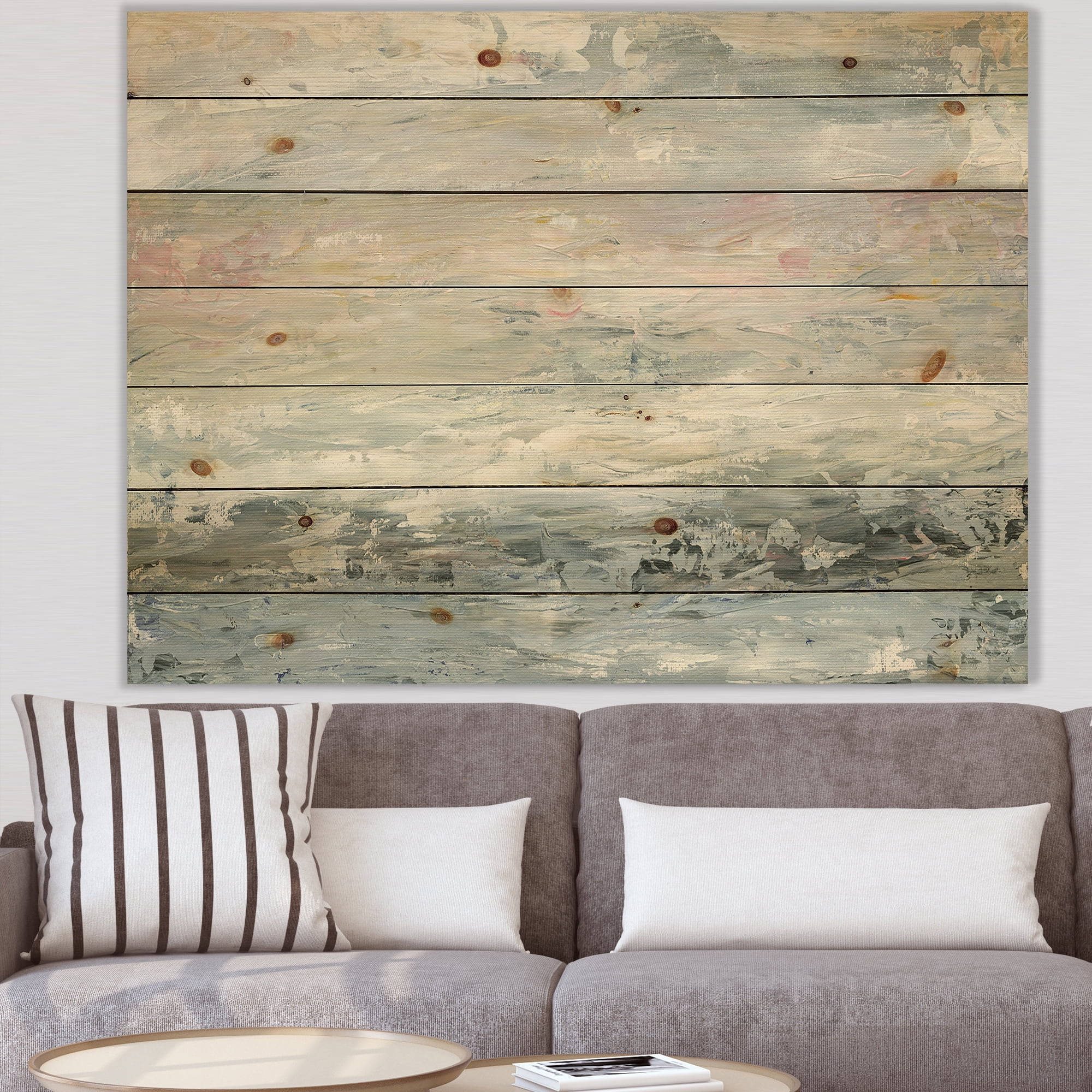 Designart 'Gray Handpainted Abstract Watercolor II' Contemporary Print on Natural Pine Wood