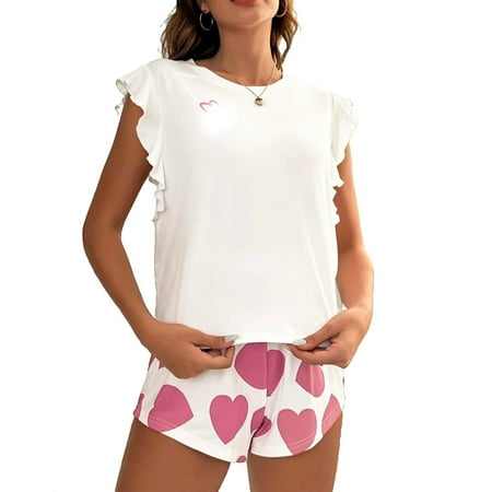 

Casual Heart Print Round Neck Short Sets Sleeveless Dusty Pink Women Pajama Sets (Women s)