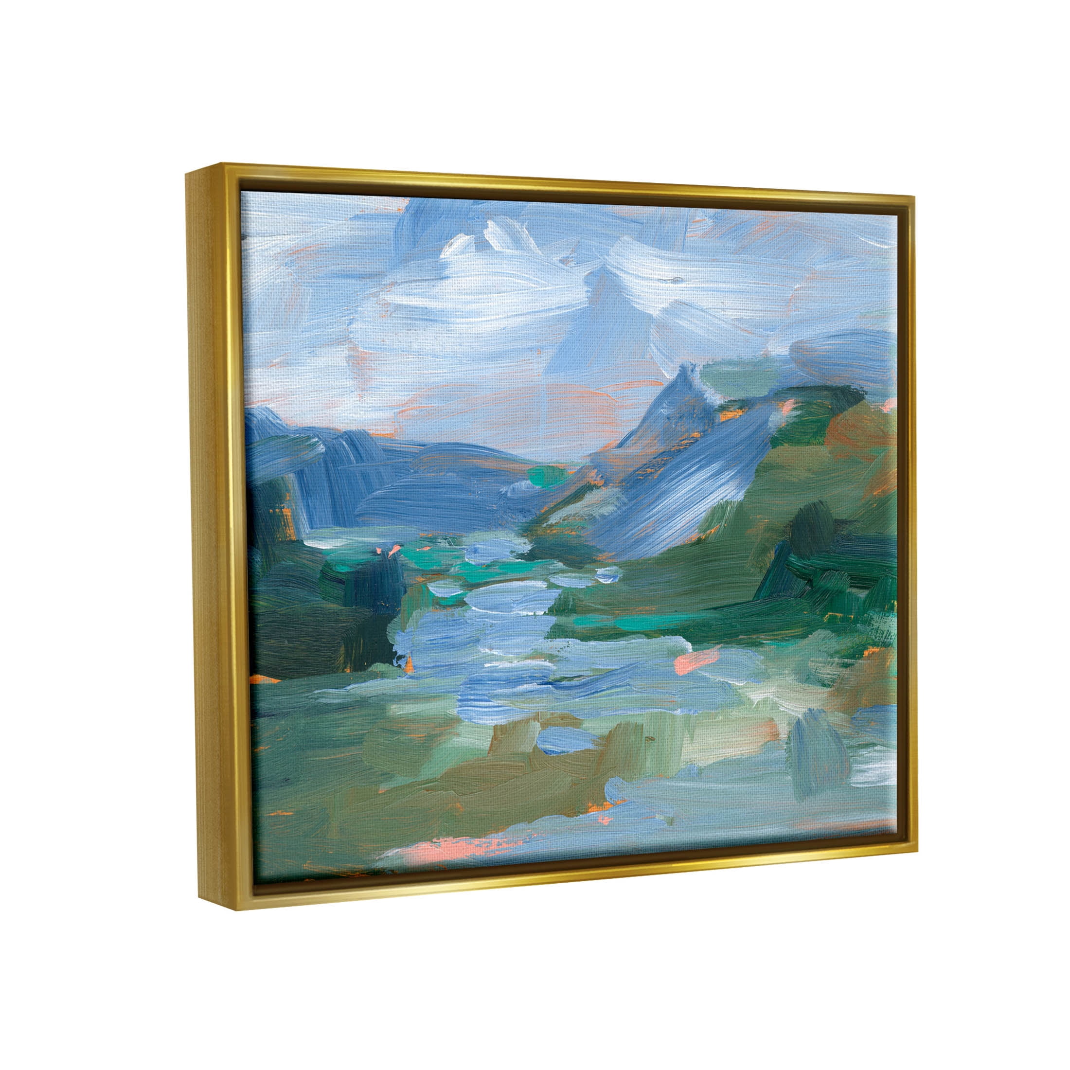 River Through Mountains Abstract Scene Landscape Painting Metallic Gold Framed Art Print Wall Art