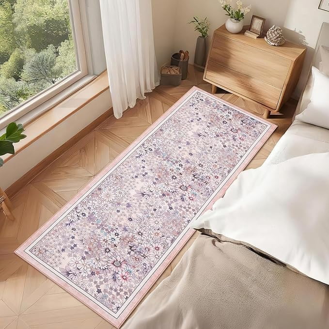 8'x 10' Runner Rug for Hallways Kitchen Non Slip Washable Rugs with Rubber Backing Soft Floral Carpet Runner for Hallways, Kitchen, Laundry, Bedroom, Bathroom-Light Pink