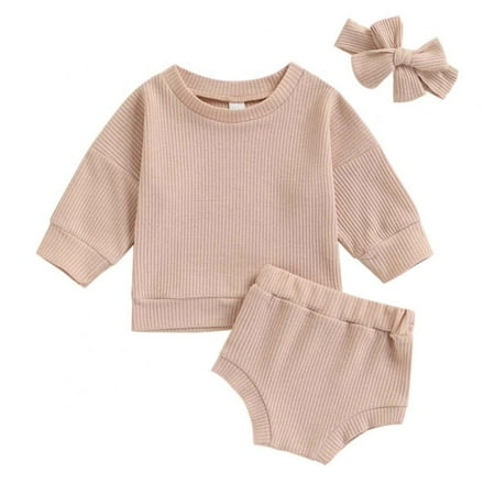 

SYNPOS Baby Girl Clothes Sets Long Sleeve Pullover Tops & Elastic Waist Shorts + Headband 0-24 Months
