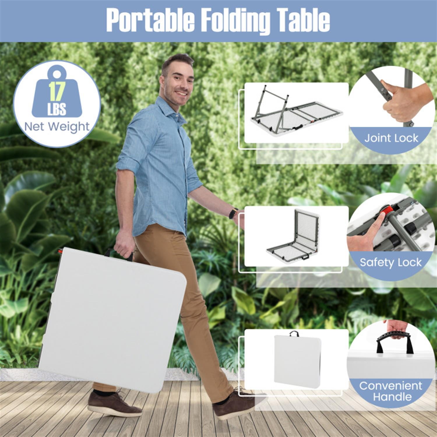 Demi Bonn 4 Feet Portable Camping Table with HDPE Tabletop and Metal Legs fordoor Outdoor, Fold-in-Half Plastic Dining Picnic Party Table, White