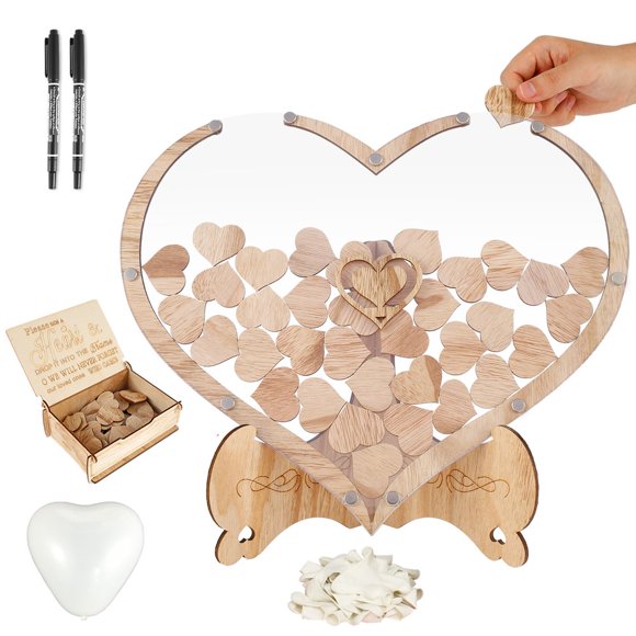MesaSe Wedding Guest Book Kit Wooden Heart Shape Guest Book Drop Box with Heart Shape Frame Box Balloons Hearts Pieces Pens for Weddings Baby Shower Anniversary Party