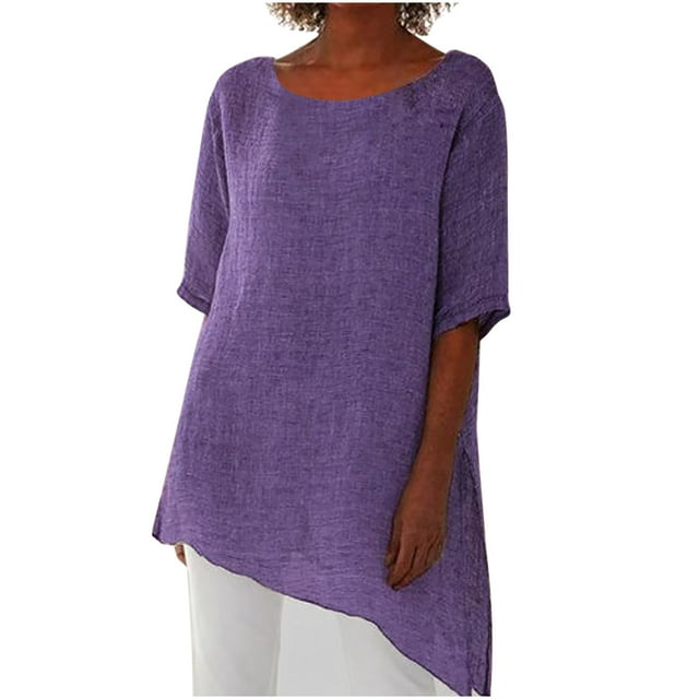 Womens Tops' Womens Summer Short Sleeve Tops Womens Fashion Cotton Linen T-Shirts Oversized Crewneck Short Sleeve Irregular Hem Loose Tops Lightweight Summer Tops