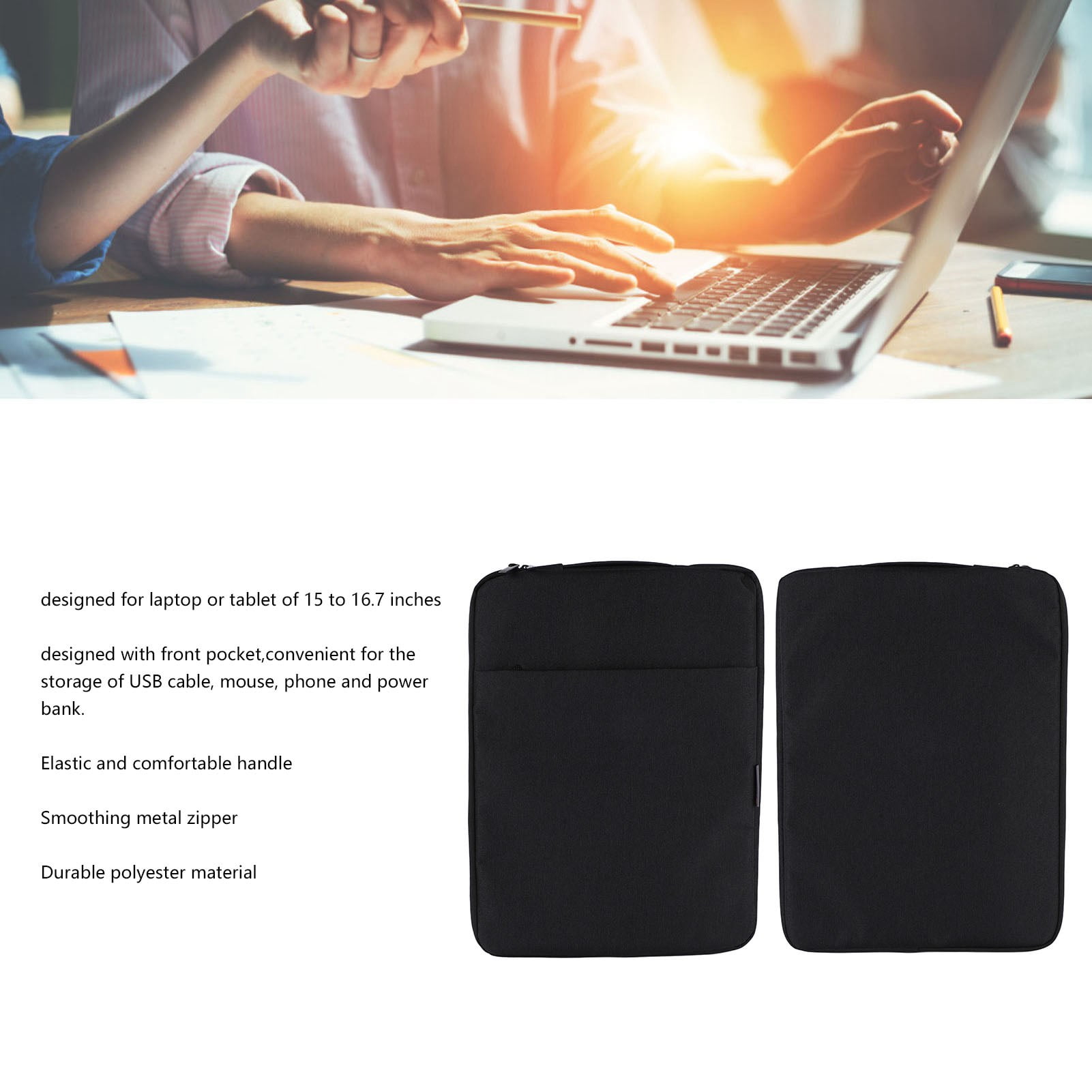 15 to Inch Laptop Sleeve Case, Front Pocket, Elastic Handle