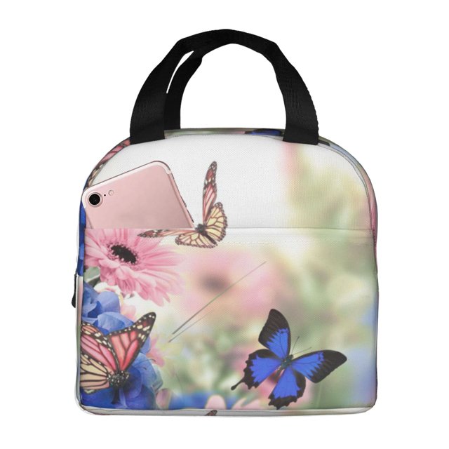 Fotbe Butterfly And Flowers Bolsa Térmica con Estampado y Forro de Aluminio Grueso Bolsa de Almuerzo con Bolsillo Frontal para Hombres y Mujeres, Ideal para Trabajo, Escuela