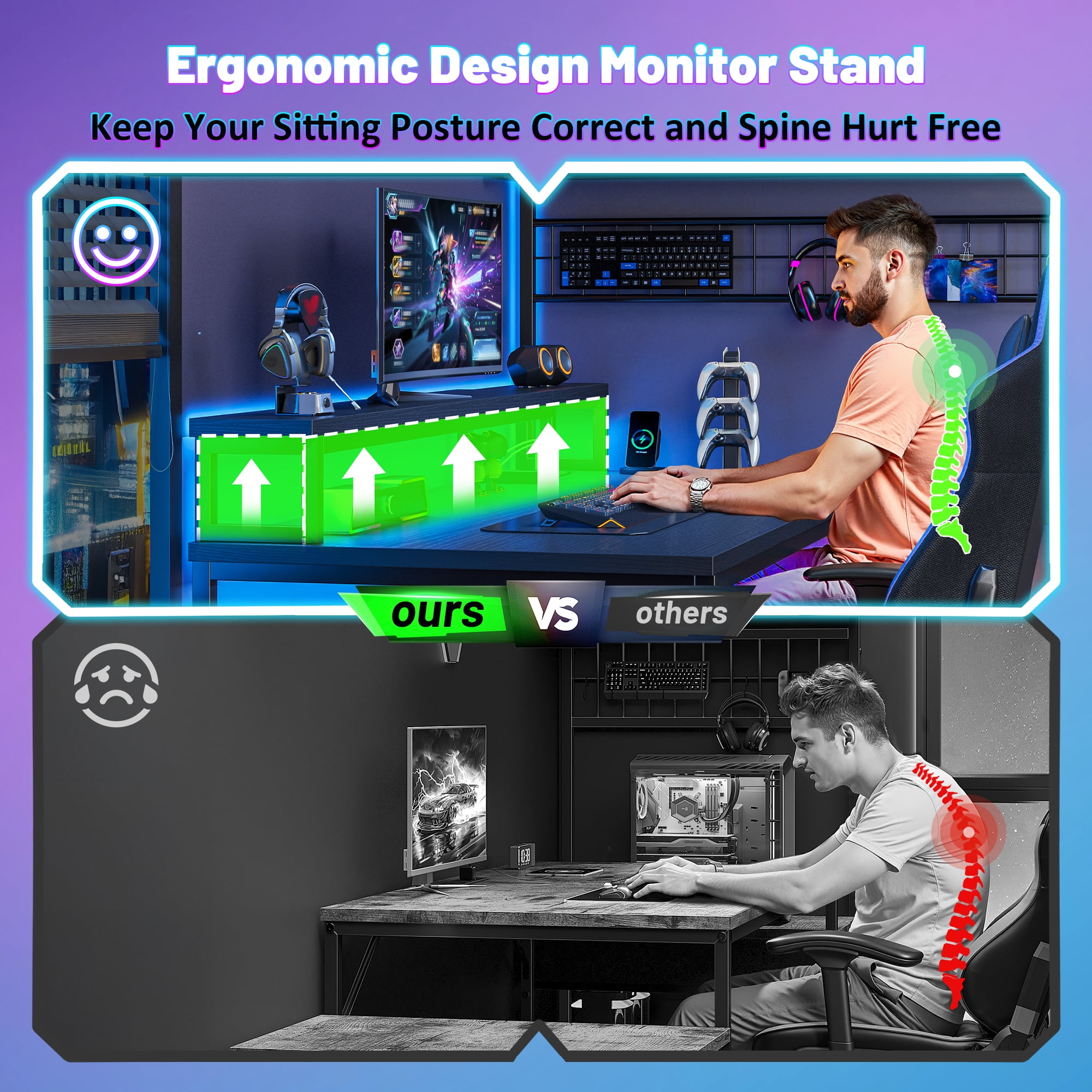 Romorgniz 55.6"W L Shaped Computer Desk with LED Lights & Power Outlets, Gaming Desk with Monitor Stand, Printer Stand & Storage Shelves for Home Office, Black