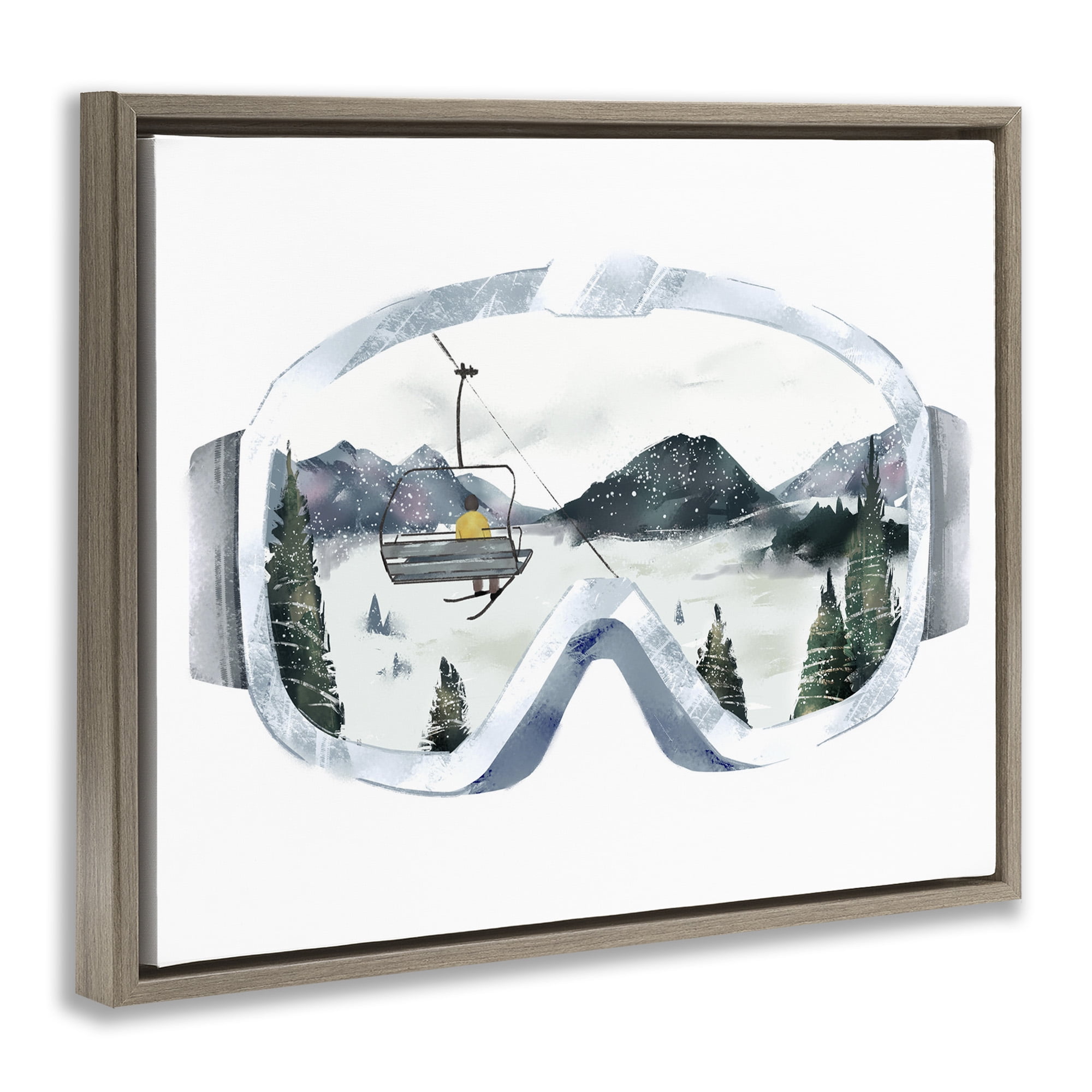 Stupell Industries Ski Mountain Reflection in Goggles Sports Painting Brown Floater Framed Canvas Art Print Wall Art, 21 x 17