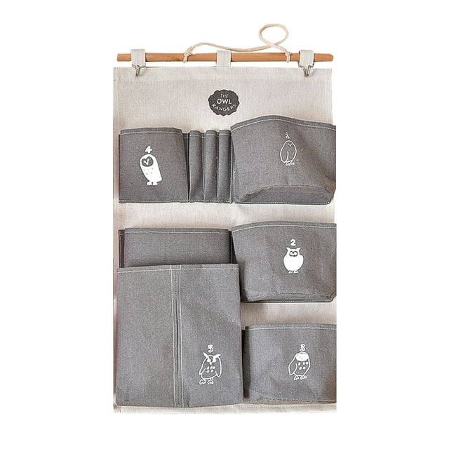 1Pc Cotton Linen Hanging Storage Bag Pouch with Multiple Pockets Simple Wall Hanging Sundries Holder Behind the Door (Grey)