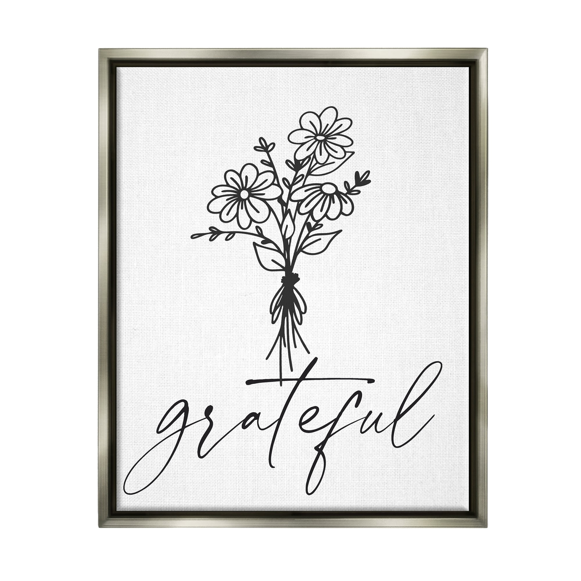 Stupell Industries Grateful Casual Script Calligraphy Floral Daisies Bouquet Graphic Art Luster Gray Floating Framed Canvas Print Wall Art, Design by Lettered and Lined