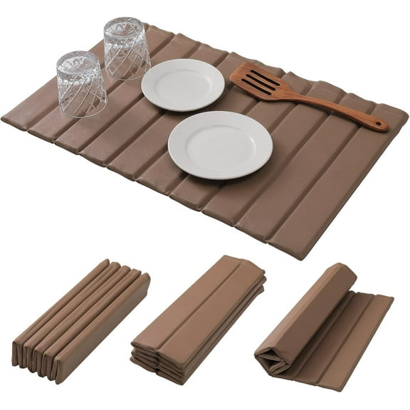 Stone Drying Mat for Kitchen Counter, 24" × 16" Large Dish Drying Mat, Quick Dry Stone Mats with Stain-Defying PU Leather, Ultra Absorbent Diatomaceous Earth Mats for Dishes, Bottles, Brown