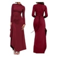 thumbnail image 3 of Women'S Solid Color Long Sleeve Crew Neck Ruched Waist Flowy A Line High Low Midi Irregular Split Dress Wine Red S, 3 of 6