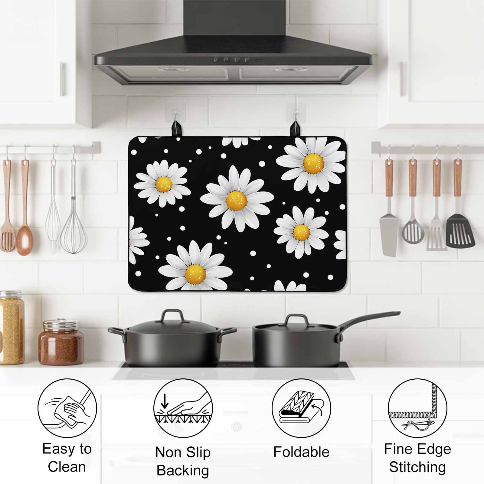 Botanical Daisy Stove Top Cover for Electric Stove, Heat-proof & Non Slip Glass Top Stove Cover Protector, Spring Flowers Branch Stems Kitchen Flat Cooktop Rubber Mat 24x21 Inches