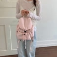 thumbnail image 2 of Women Men Nylon Bookpack Drawstring Solid Color Students Bookbags Large Capacity Travel Daypack Bag for Commute (Pink), 2 of 12