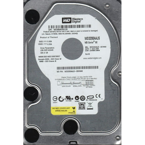WD3200AAJS-00VWA0, DCM DHRNNTJMHN, Western Digital 320GB SATA 3.5 Hard Drive