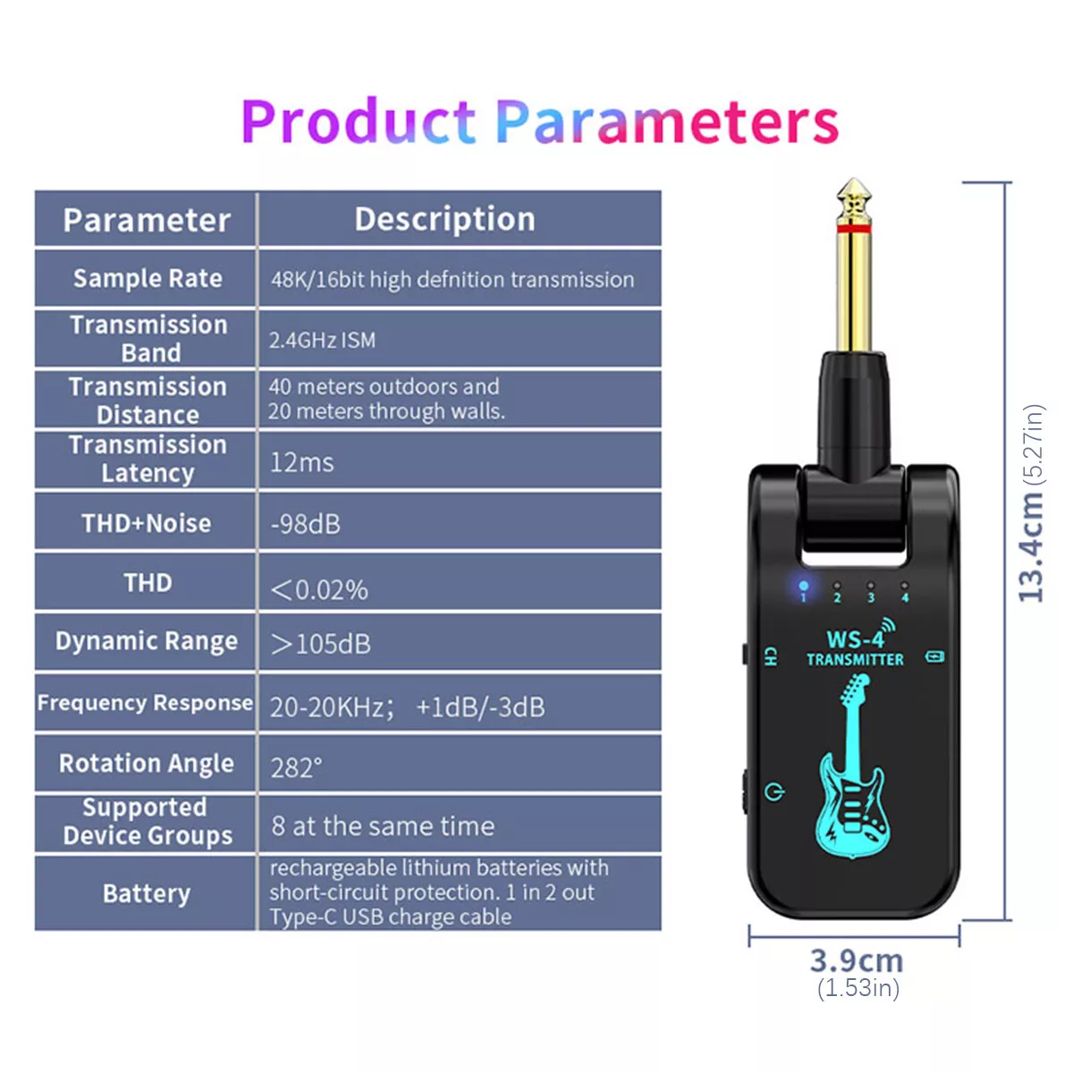 Guitar Wireless System Transmitter+Receiver Built In Rechargeable Battery 131ft