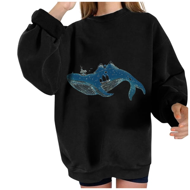 Sudadera extragrande de lana de manga larga con cuello redondo y estampado de océano salvaje para mujer Fridja fhghd247