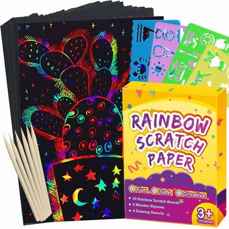 Rainbow Scratch Paper Art for Kids - 60 Pcs Magic Rainbow Scratch Paper Off Set Scratch Easter Crafts Arts Supplies Kits Pads Sheets for Party Games Halloween Christmas Birthday Gifts