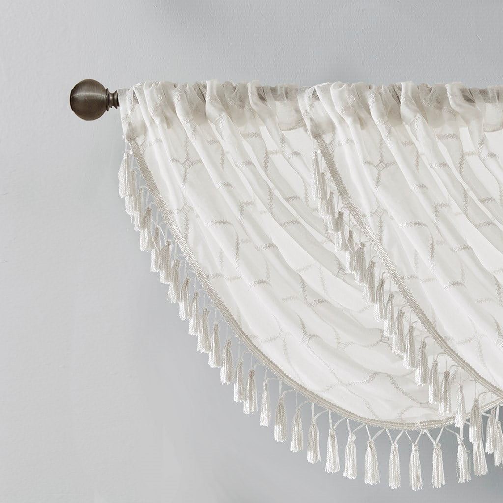 MAYEERTY 38x46" Diamond Sheer Embroidered Waterfall Valance White/Grey