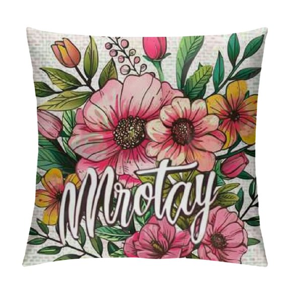 PHYHOO Colorful Words Happy Mother’s Day Pillow Covers Beautiful Flower Garland Decoration Square Linen Home Decor Throw Pillow Case Cushion Cover for Sofa White