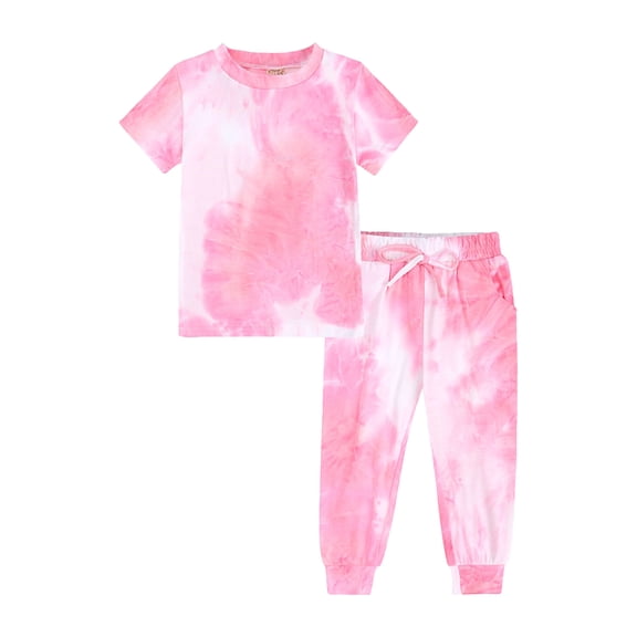 MHZLDYZ Cute Summer Outfits for Girls 10-12 Kids Toddler Boy Girls Clothes Sports Casual Tie Dye Prints Short Sleeves T Shirt Elastic Waist Pants Set Outfit Hawaiian Shirt for Girls (Pink,130)
