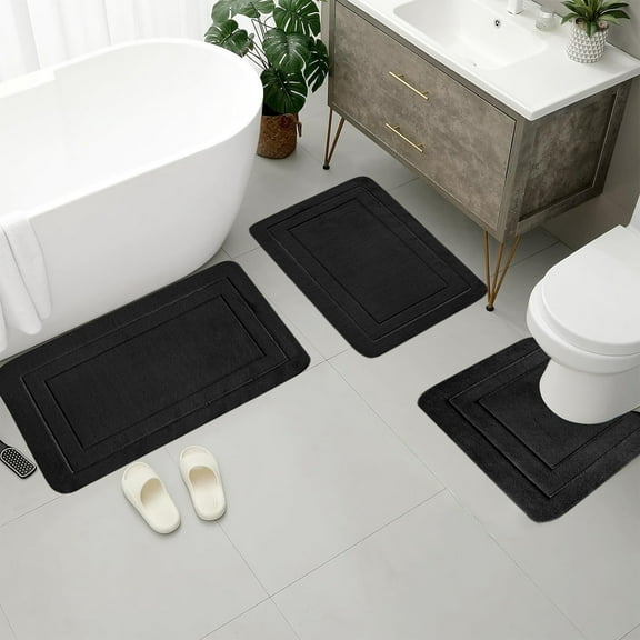 AuroraX Soft Bath Mug Rug Set Of 3 Absorbent Quick Dry Non-Slip Backing Black 2 pcs Bathroom Mat and Toilet Rug Machine Washable Minimalist Greek Key