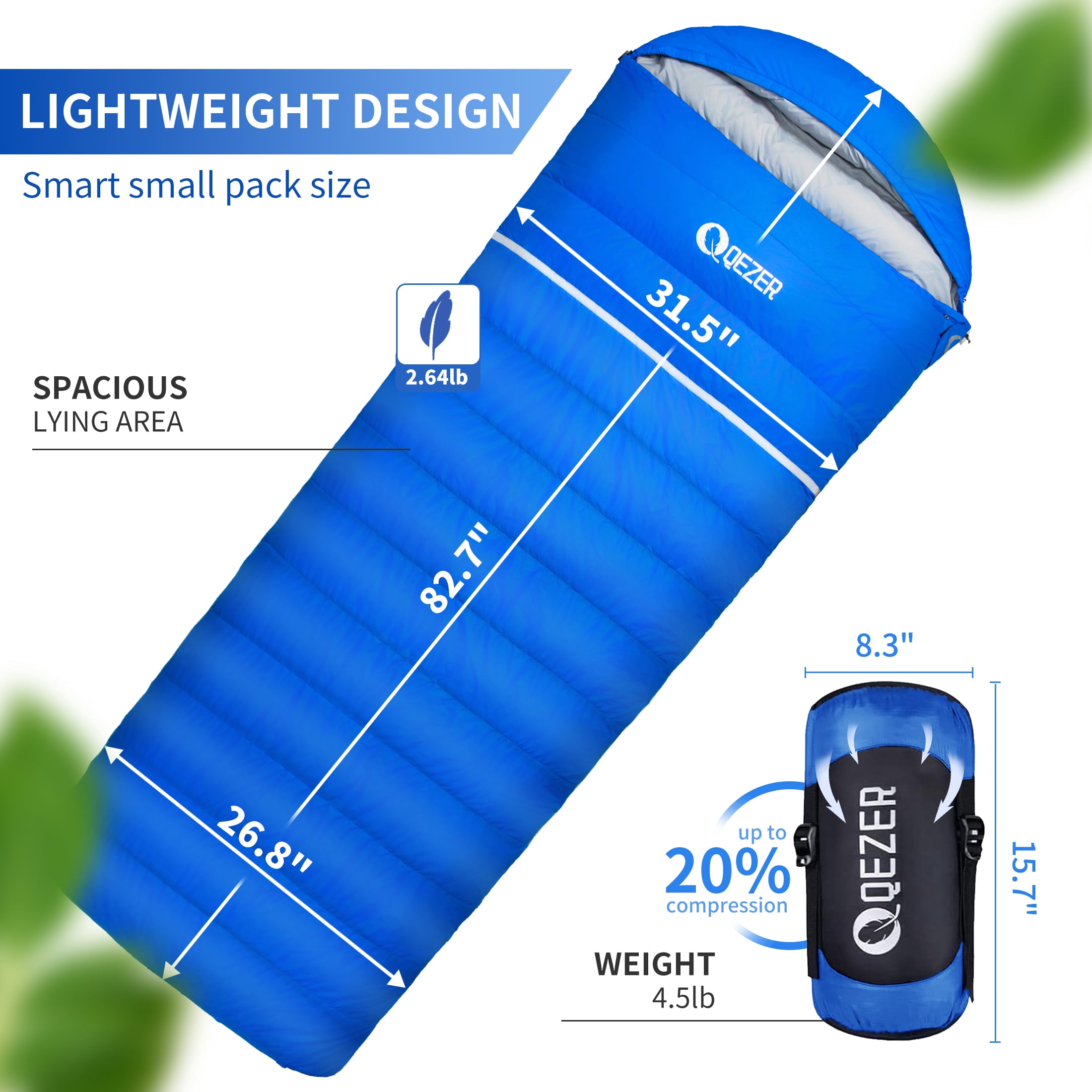 QEZER 0 Degree  Sleeping Bag,Ultra-light Winter Down Sleeping Bag for Adults And Kids Outdoor, Camping,Travel(Blue)