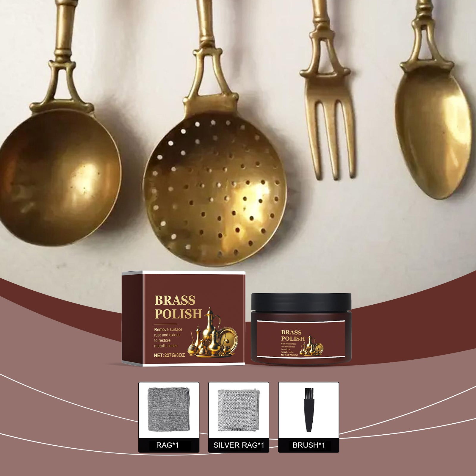Shetay Brass Polish and Cleaner Kits,Removes Dirt, Does Not Scratch, and Maintains Shine, Copper Cleaner,Polishing Cloth, Free Rag & Silver Rag & Brush (1 pcs).