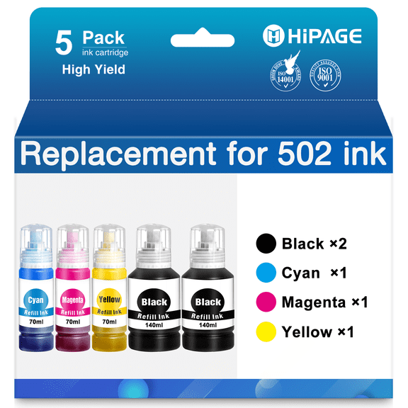 HIPAGE 502 Ink Bottle Compatible with Epson 502 Ink Bottles (Black Cyan Magenta Yellow, 5 Pack)