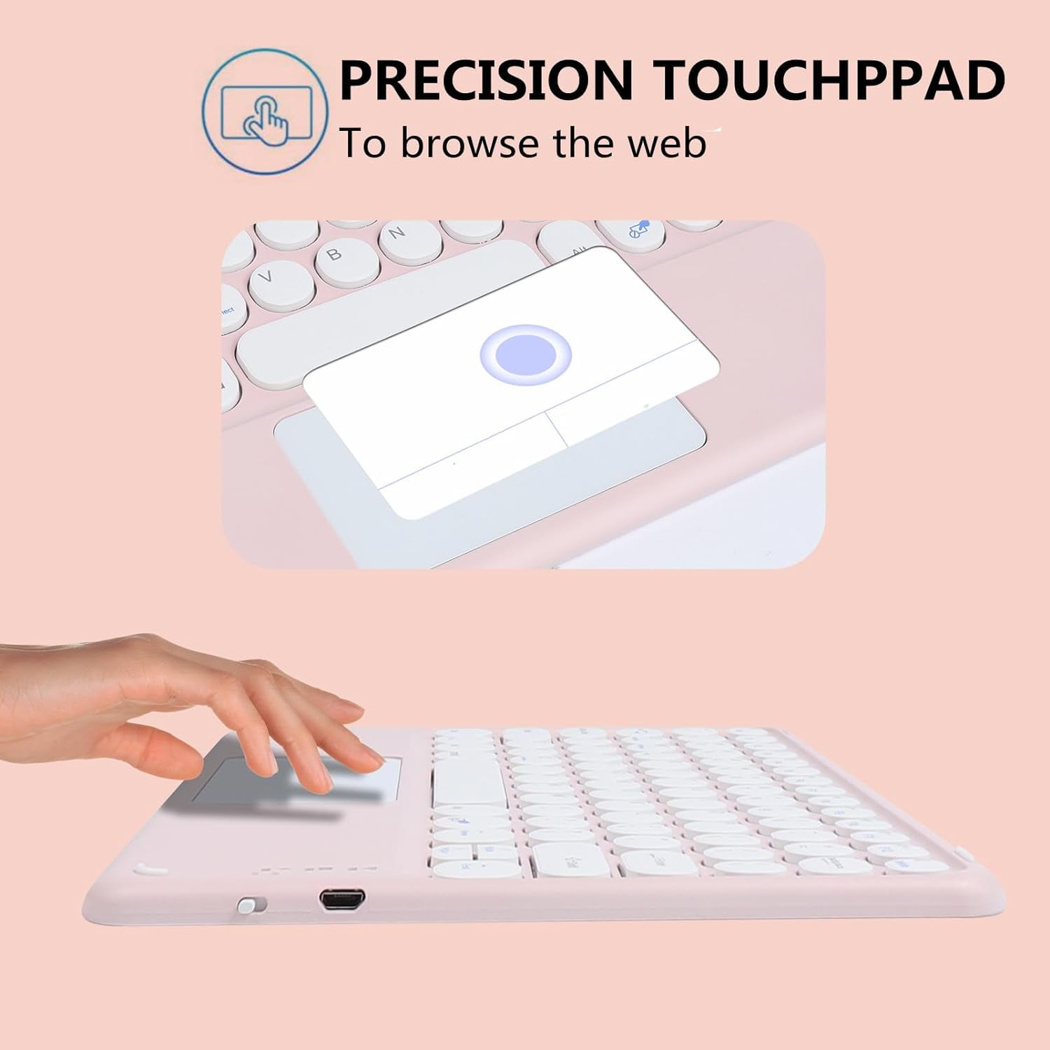 Portable Wireless Bluetooth Keyboard with Touchpad, Ultra-Thin Rechargeable Bluetooth Keyboard Mini with trackpad Round Key for iPad pro/iPad/iOS/Android (Pink)