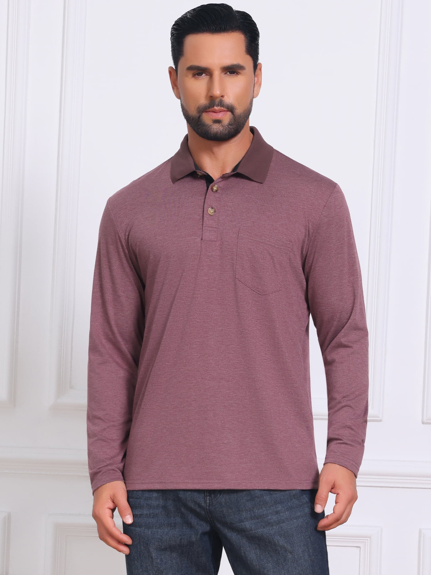 DARING DIVA Men's Contrast Button Collared Long Sleeves Golf Polo T-Shirts XL Burgundy