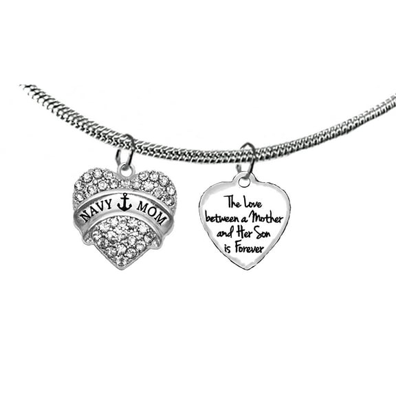 The Love Between A Mother And Her Son Is Forever, Austrian Crystal Navy Mom Heart, Adjustable Snake Chain Necklace, Hypoallergenic-Safe, No Nickel, Lead, Or Cadmium In The Metal©2022