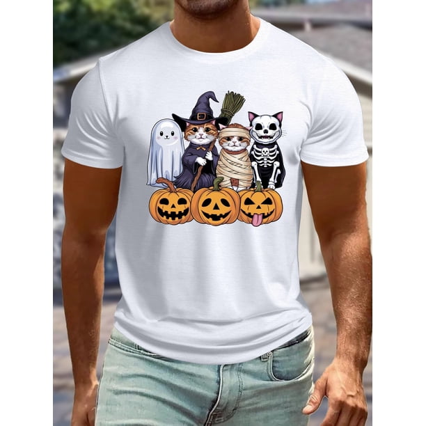 Halloween T-Shirt - Witch Hat and Pumpkin Cat Costume Pattern, Casual Short Sleeve T-Shirt, Machine Washable, 100% Cotton