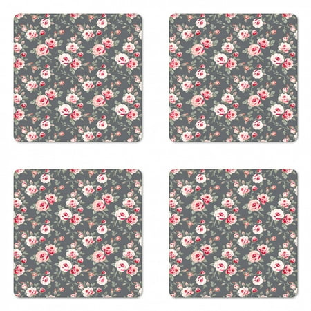 

Shabby Flora Coaster Set of 4 Vintage Style Vibrant Roses Leaves Bush Buds Stems Rural Area Classical Square Hardboard Gloss Coasters Standard Size Multicolor by Ambesonne