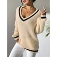thumbnail image 3 of Women Teen Baggy Fashion Striped Long Sleeve Knit Tops Fall Winter Vneck Pullover Preppy Clothes  M, 3 of 6
