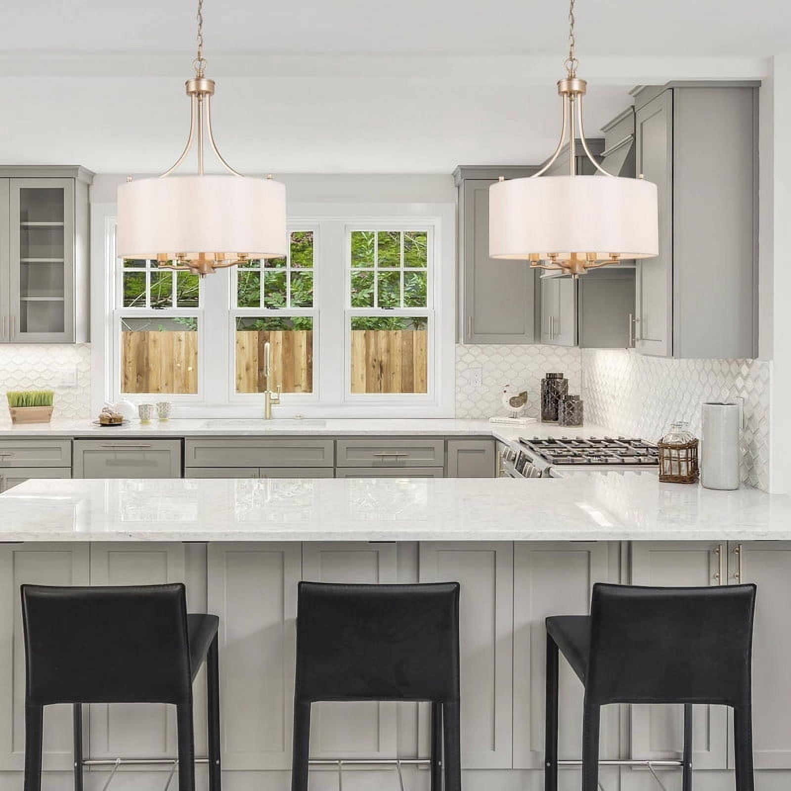 LNC 4-Light Matte Gold Drum Chandelier with Fabric Shade for Kitchen Island
