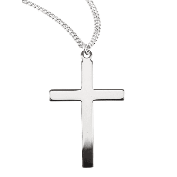 Sterling Silver Plain Cross Pendant Necklace, Medium Size, 20" Rhodium Plated Stainless Steel Chain, Made in USA- Deluxe Velvet Gift Box Included