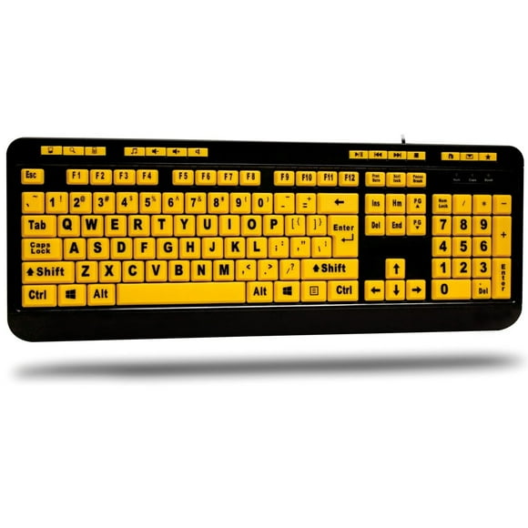 Adesso AKB-132UY - Teclado USB multimedia de escritorio luminoso con 4 letras grandes, negro y amarillo