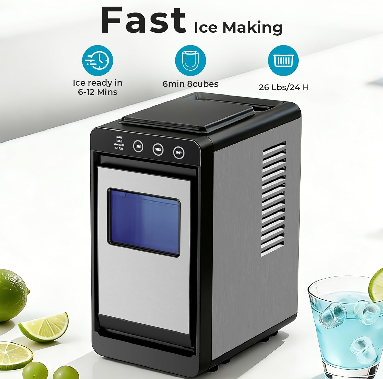 Ice Makers Countertop,26Lbs/24H,8Pcs in 6Mins,Portable Ice Maker Machine with 0.8 L Water Tank,Self-Cleaning,Interior Lighting,2 Sizes of Bullet Ice for Home/Kitchen/RV/Camping(Stainless Steel)