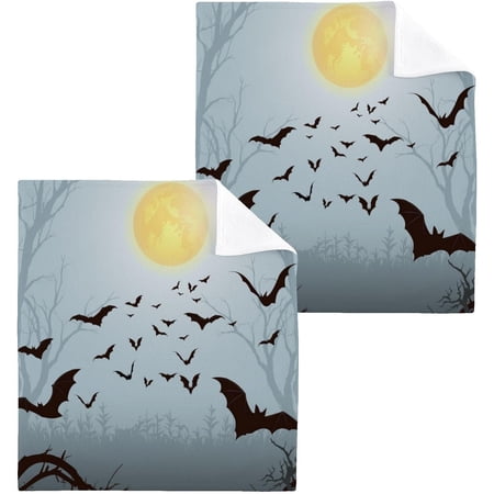 SKYSONIC Halloween Bat Washcloths Set of 2, Highly Absorbent Soft Cotton Fingertip Towels for Bathroom, Kitchen, Gym, Spa, Home Decor, 12 x 12 Inch