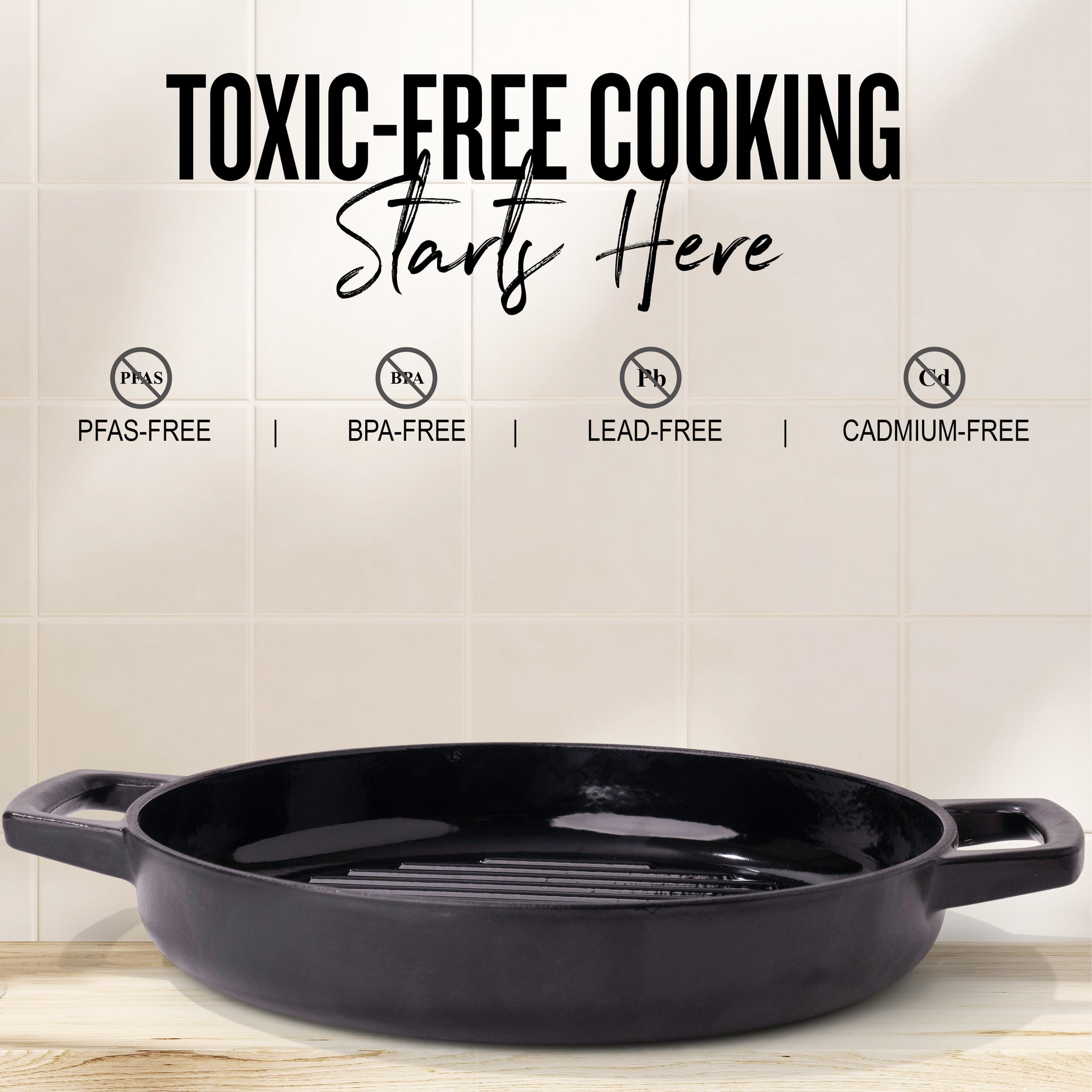 Alva 11-Inch Cast Iron Grill Pan, Non Toxic, Oven Safe to 500°F