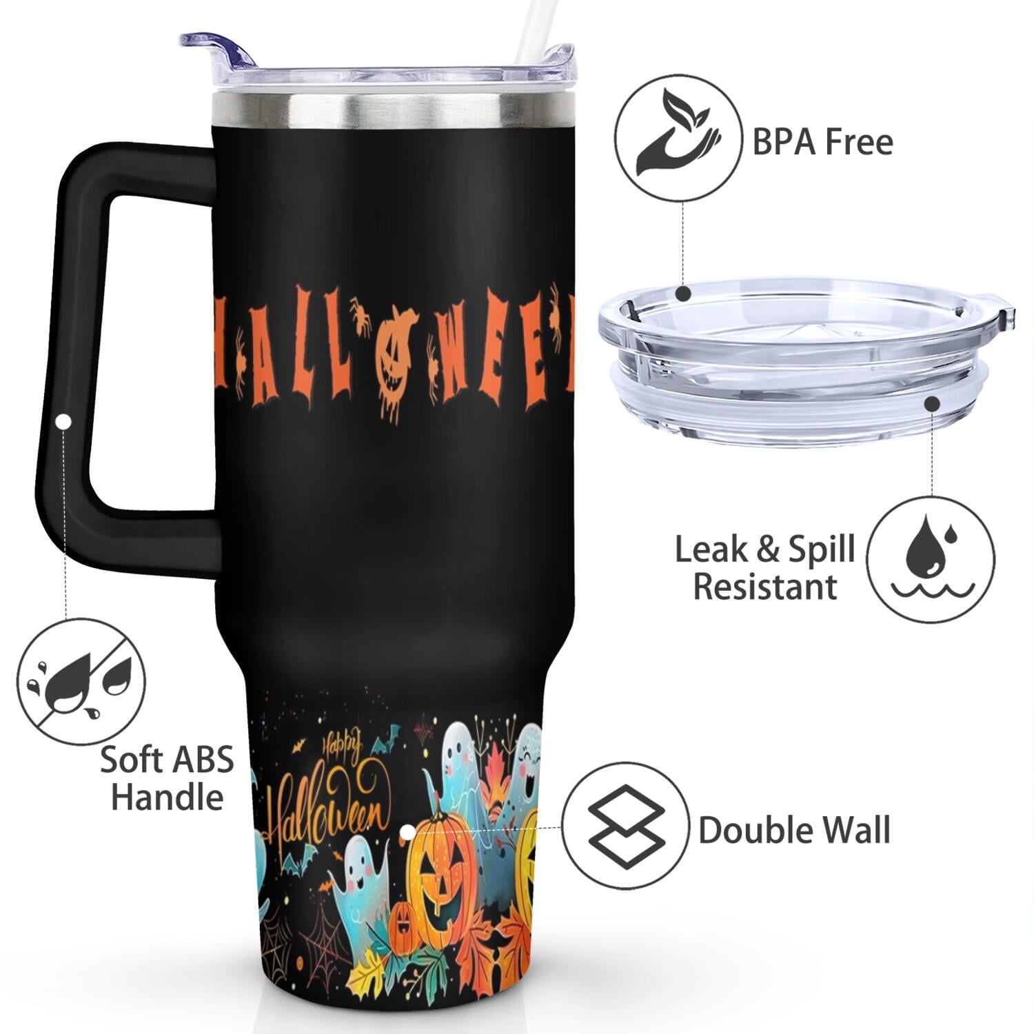 40 OZ Happy Halloween Tumbler with Handle Double Wall Vacuum Insulation Travel Coffee Mug Gift for Women Men