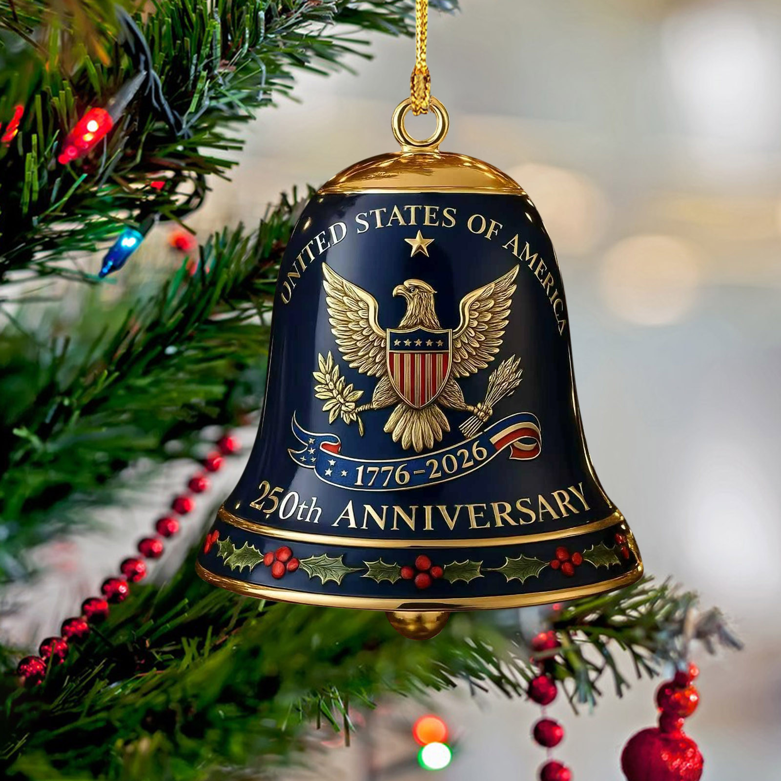 United States 250th Anniversary Bell Ornament, 250th Anniversary Metal Bell Ornament – 1776-2026 Red & Gold Patriotic Christmas Tree Hanging Decor, Shatterproof Holiday Ornament Gift (2PCS)