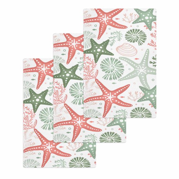 Red Sage Green Starfish Coastal Kitchen Dish Towels for Drying Dishes Set of 3, Beach Nautical Coral Sea Waffle Weave Microfiber Hand Tea Bathroom Towels Quick Dry & Absorbent Towel 15.7x23.6