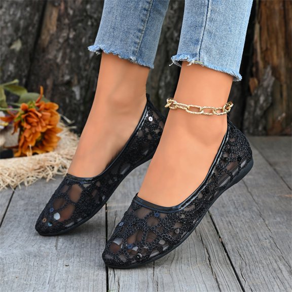 Domuza Women's Sequins Lace Ballet Flats, Soft Flexible Non-Slip Flat Shoes, Summer Breathable Mesh Slip-on Round Toe Casual Shoes for Walking, Office and Party Black 7.5(EU-39)