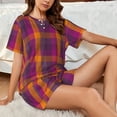 thumbnail image 4 of Daiia Orange and Purple Plaid Pattern Womens Pajama Sets Short Sleeve Pajamas for Women Sets Soft Lounge Sets Casual Round Neck Sleepwear PJS-Medium, 4 of 7