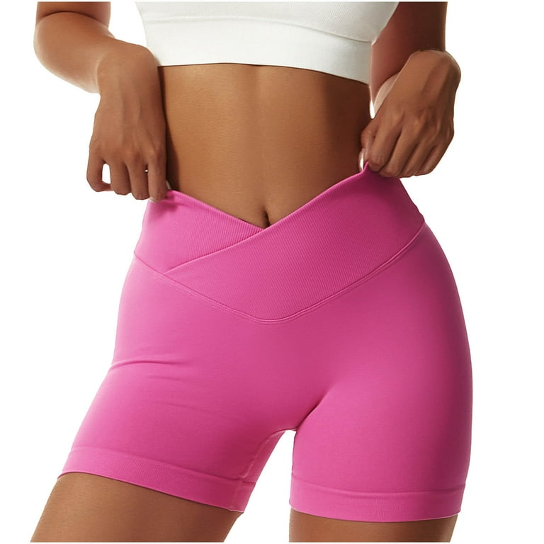 XFLWAM Women's Crossover Biker Shorts Workout High Waisted Yoga Athletic  Running Gym Spandex Shorts with Side Pockets Hot Pink XL