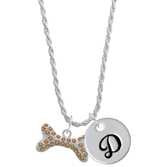 Delight Jewelry Silvertone Large Brown Crystal Dog Bone Silvertone Script Initial Disc - D - Charm Necklace, 20" 3"