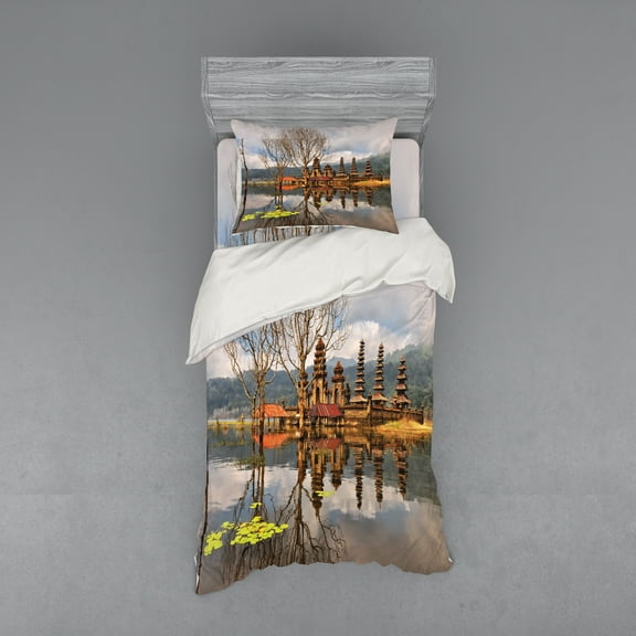 Ambesonne Landscape Bedding Set 3 Pcs, Tamblingan Bali Lake, Twin XL, Brown and Grey